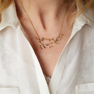 Könnte beinhalten: Eine goldene Halskette mit einem zarten Anhänger in Form eines Astes. Die Kette wird von einer Person mit einem weißen Hemd getragen.