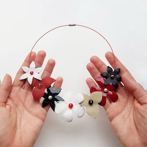 Leather Floral Necklace, Short Bib Necklace, Bohemian Flower Choker, Wire Wrapped Leather Flower Appliques, Unique Romantic Nature Jewelry image 1