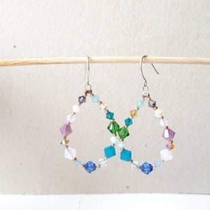 Beaded Hoop Earrings, Long Teardrop Crystal Dangles, Pastel Rainbow Statement Drops, Bold Funky Summer Hoops, Bohemian Festival Earrings image 8