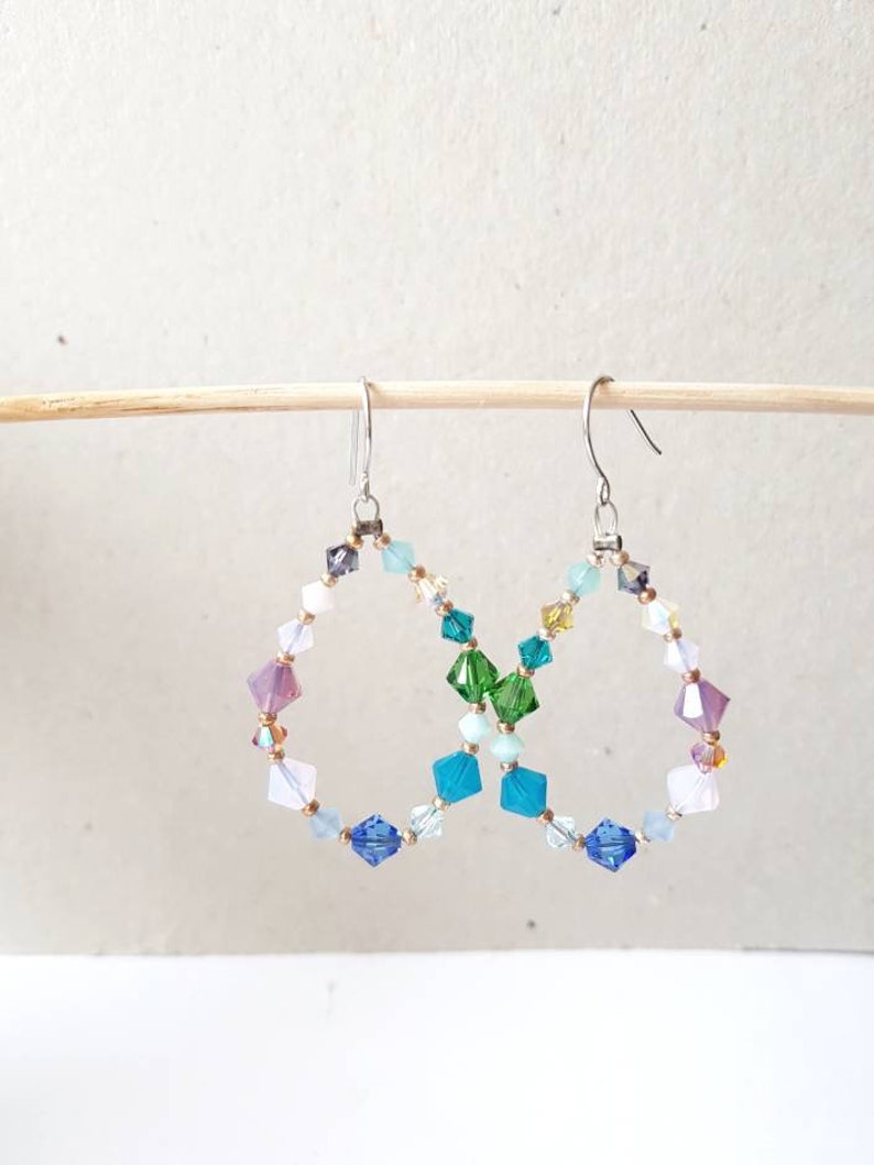 Beaded Hoop Earrings, Long Teardrop Crystal Dangles, Pastel Rainbow Statement Drops, Bold Funky Summer Hoops, Bohemian Festival Earrings image 8