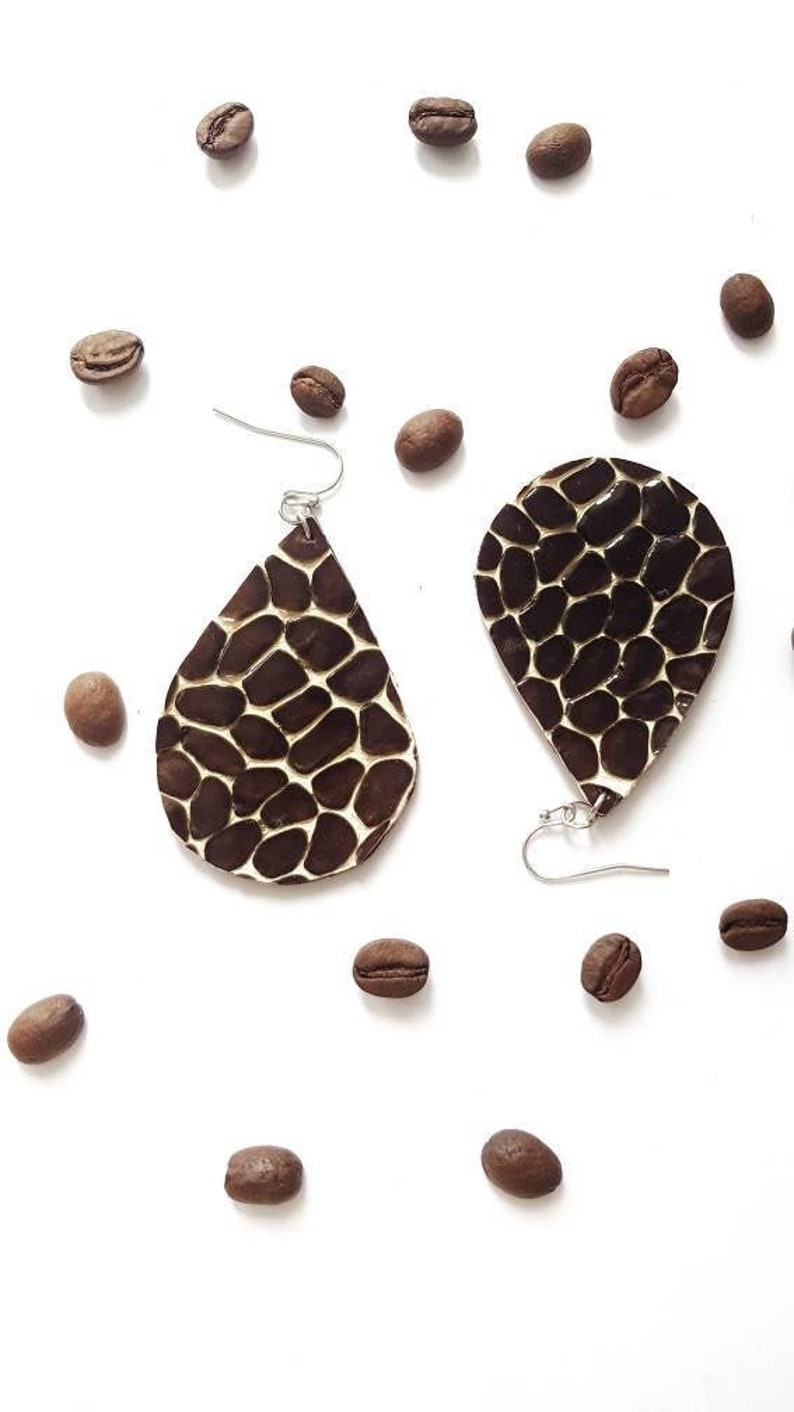Coffe Lover Earrings, Statement Leather Dangles, Big Bold Teardrops, Modern Funky Jewelry, Leather Lover Gift, Pebbled Textured Leather image 3