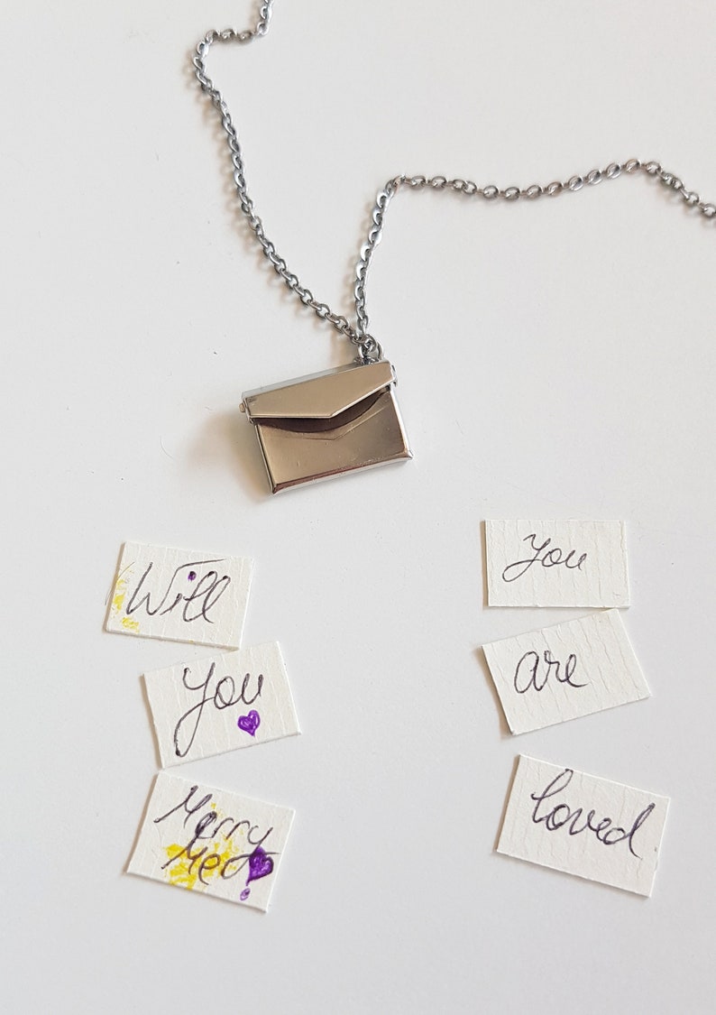 Envelope Locket Necklace, Personalized Message Medallion, Hidden Love Letter Message Pendant, Gold or Silver Motivational Quote Locket Gift Silver