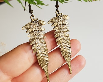 Long Fern Leaf Earrings, Forest Nature Lover, Bronze Botanical Leaves, Rustic Leaf Dangles, Woodland Boho Jewelry, Nature Cottagecore Jewels