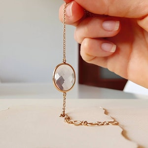 Sterling Silver Chain Bracelet with Pink Glass Cabochon, Faceted Focal Bead Bracelet in Rose Gold Color, Elegant Statement Women Accessory image 2