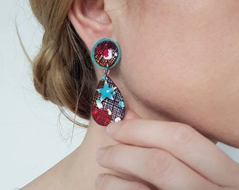 Funky Leather Earrings, Celestial Up-cycled Dangles, Unique Galaxy Jewelry, Fun Universe Jewelry, Turquoise Blue Oversized Star Stud Drops