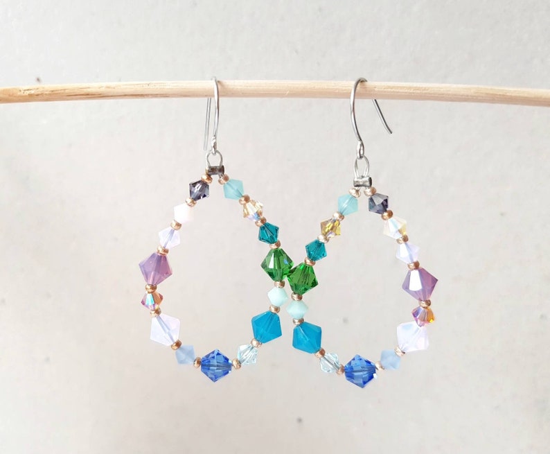 Beaded Hoop Earrings, Long Teardrop Crystal Dangles, Pastel Rainbow Statement Drops, Bold Funky Summer Hoops, Bohemian Festival Earrings image 3