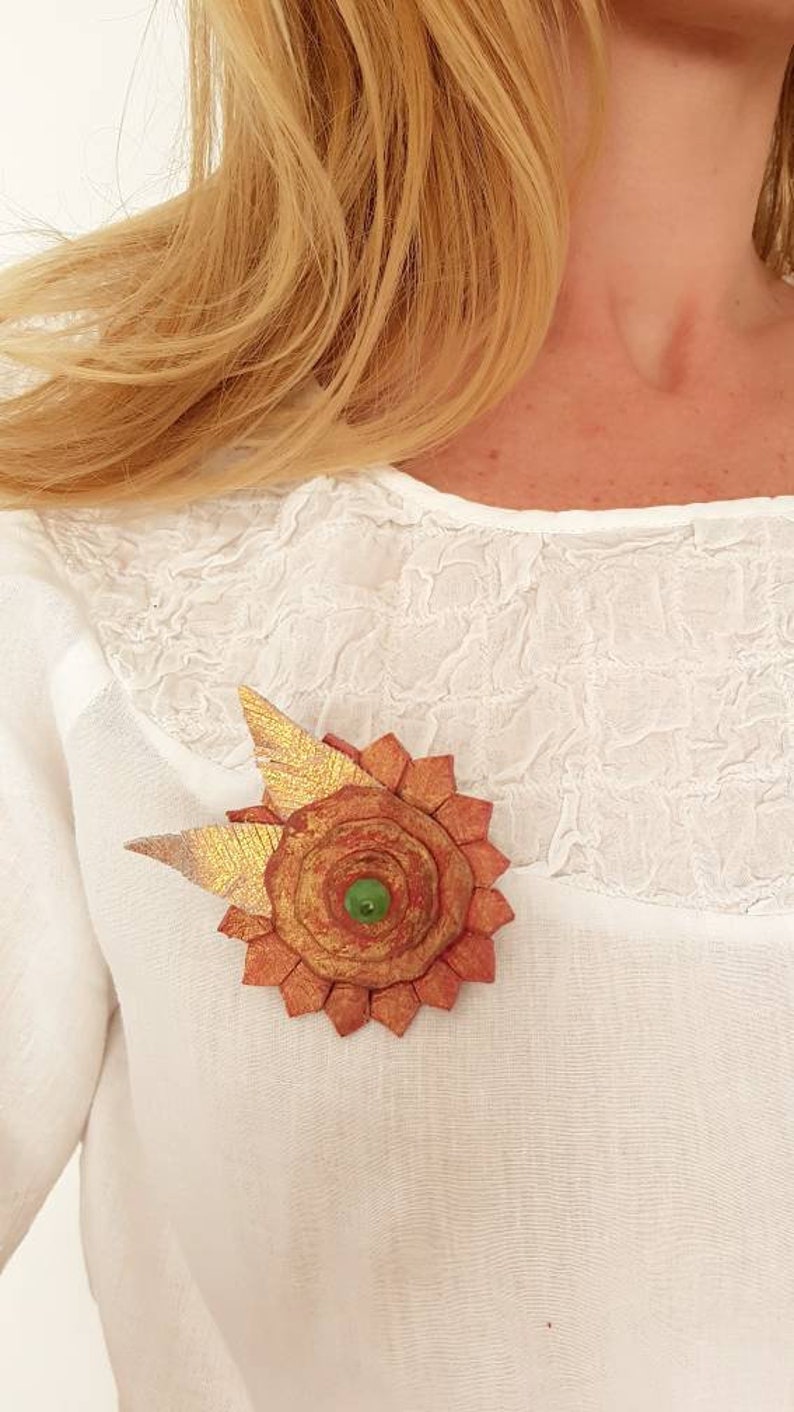 Oversized Flower Brooch, Nature Floral Jewelry, Bold Leather Accessory, Bohemian Appreciation Gift, Metallic Copper Rose Gold Statement Pin image 6