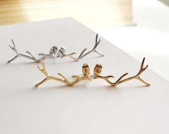 Deer Antler Stud Earrings, Silver or Gold Reindeer Studs, Deer Stag for Wildlife Lover, Enchanted Woodland Forest Jewelry, Metal Twig Branch