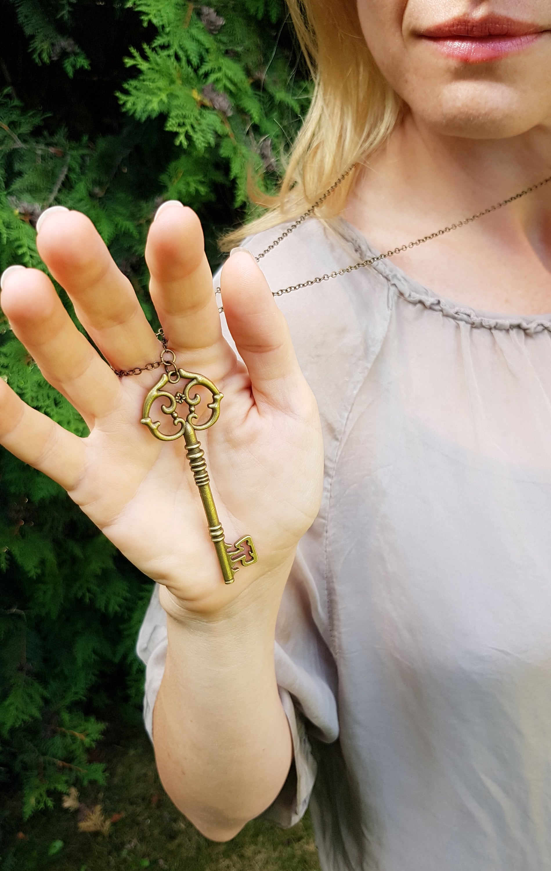 Antique Bronze Skeleton Key Necklace, Ornate Victorian Key Pendant on 30" Long Chain, Secret Garden Key Gift, Fairy-tale Bold Statement Key