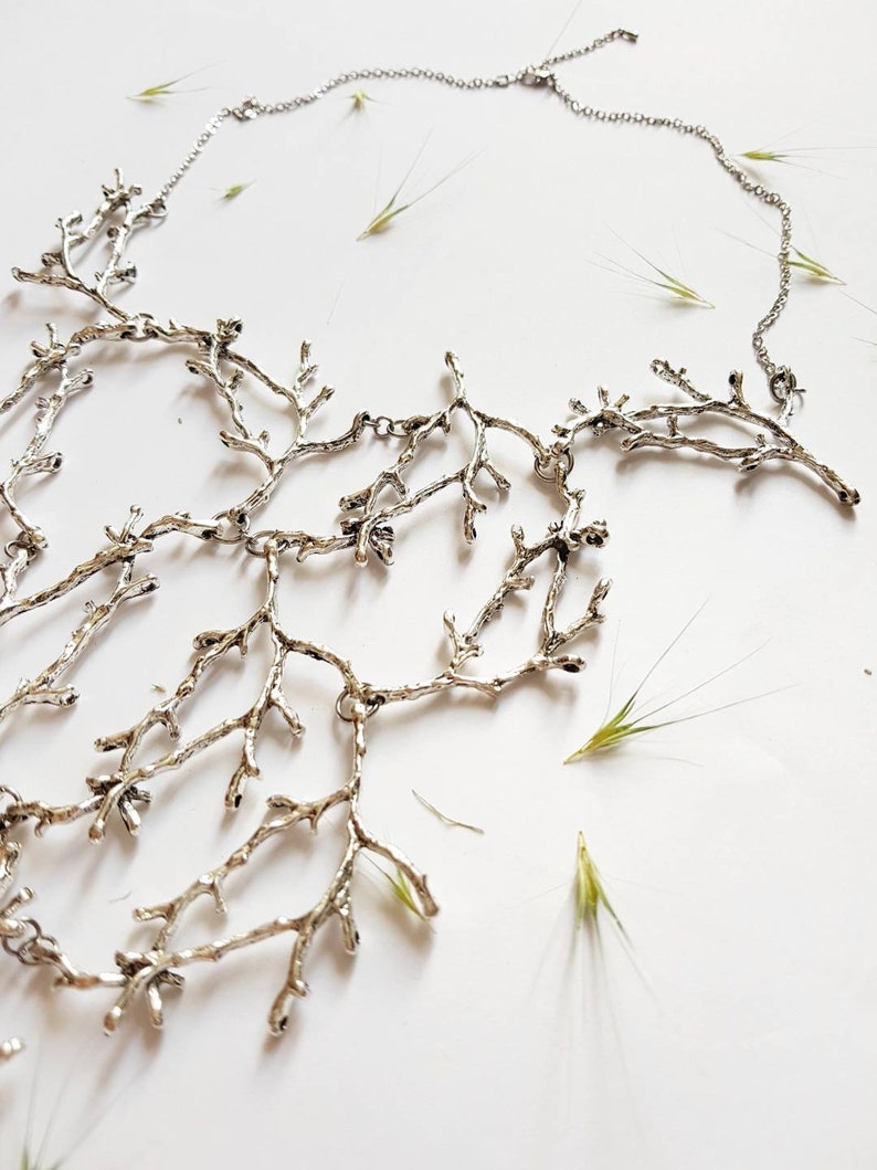 Statement Twig Necklace, Silver Branch Collar, Cascading Nature Jewelry, Woodland Forest Wedding, Long Metal Bib, Bold Tree Unisex Necklace image 7