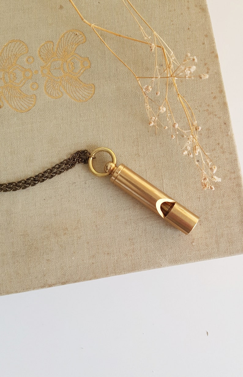 Brass Whistle Safety Necklace, Security Whistle Gift, Long Unisex Necklace, Help Emergency Brass Pendant, Layering Chain in Antique Bronze image 3