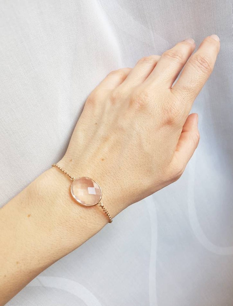 Sterling Silver Chain Bracelet with Pink Glass Cabochon, Faceted Focal Bead Bracelet in Rose Gold Color, Elegant Statement Women Accessory image 4