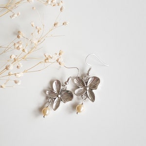 Silver Orchid Earrings with Cream Pearl, Small Pearl Cocktail Dangles, Dainty Bridal Jewelry, Nature Lover Gift, Romantic Boho Floral Drops image 5