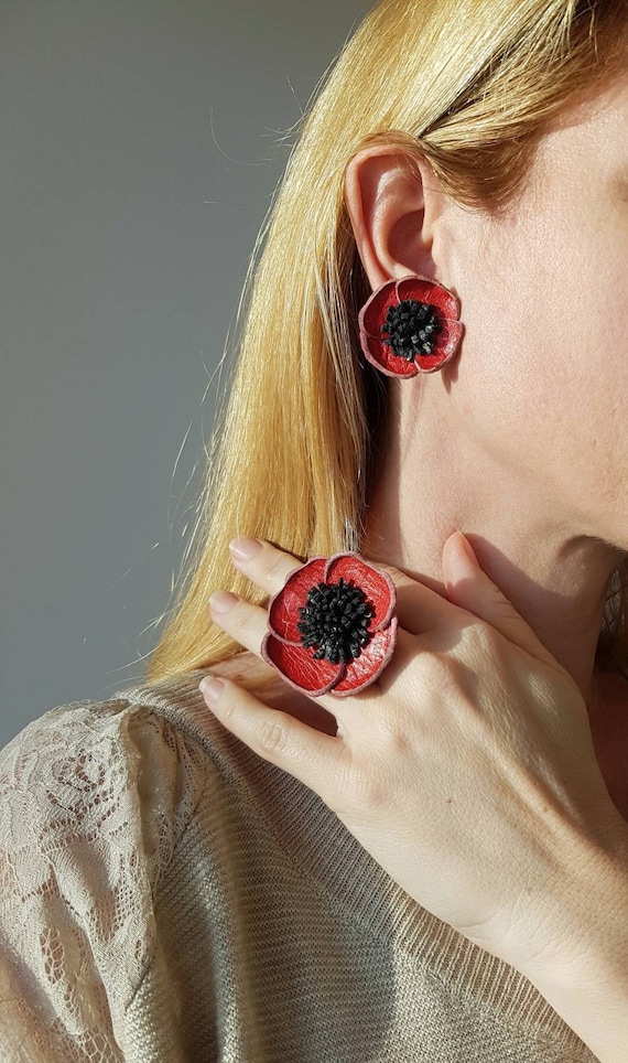 Statement Poppy Flower Stud Earrings, Red Leather Floral