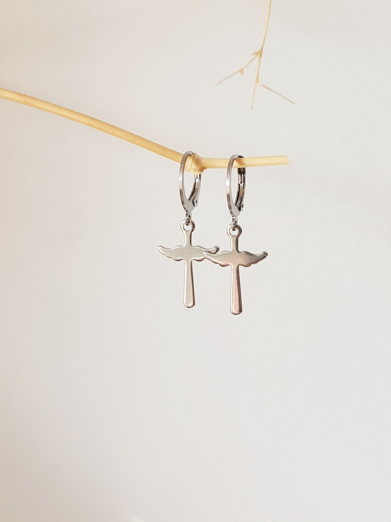 Angel Wings Cross Earrings, Stainless Steel Cross Dangles, Waterproof Non-tarnish Jewels, Hypoallergenic Christian Cross Leverback Hoops image 2