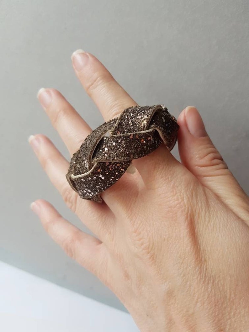 Wide Leather Cuff, Mystery Braided Bracelet, Bold Punk Armband, Copper Brown Wristband, Glitter Leather Jewelry, Statement Studded Bracelet image 1