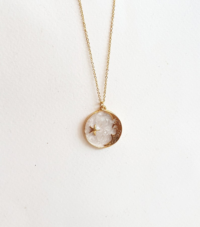 Star Moon Coin Necklace, Crescent Moon Pendant, Symbolic Celestial Jewelry, Large Sunburst Charm, Galaxy Layering Necklace, Astrology Gift White