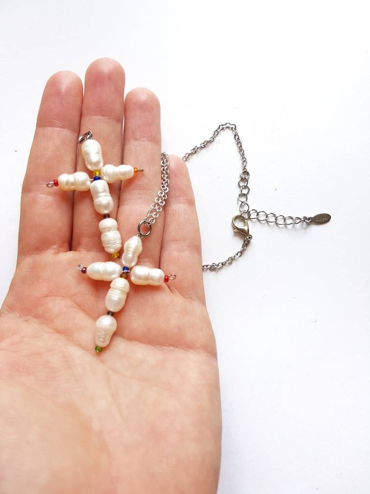 Pearl Cross Necklace, Greek Cross Pendant, Modern Religious