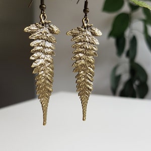 Long Fern Leaf Earrings, Forest Nature Lover, Bronze Botanical Leaves, Rustic Leaf Dangles, Woodland Boho Jewelry, Nature Cottagecore Jewels image 7