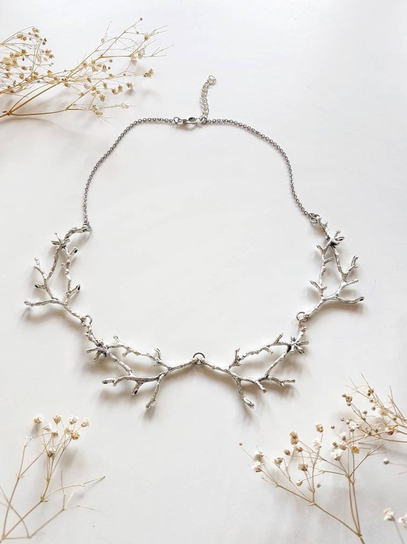 Silver Branch Necklace, Twig Bib Collar, Nature Inspired Gift, Woodland Forest Jewelry, Metal Tree Accessory, Bold Forest Elf Fairy Choker image 1