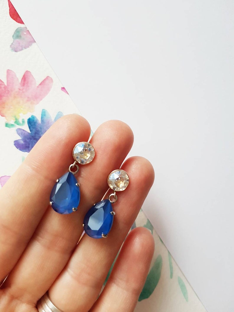 Sapphire Blue Crystal Earrings Elegant Evening Dangles Etsy