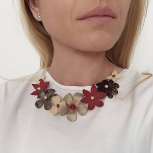 Floral Bib Necklace, Short Leather Choker, Brown Red Statement Jewelry, Eco-Friendly Women Collar, Beaded Pearl Jewelry, Flower Appliques image 9