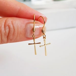 Minimalist Cross Earrings, Gold Stainless Steel Cross Dangles, Waterproof Non-tarnish Jewels, Hypoallergenic Religious Tiny Cross Ear Jewels image 1