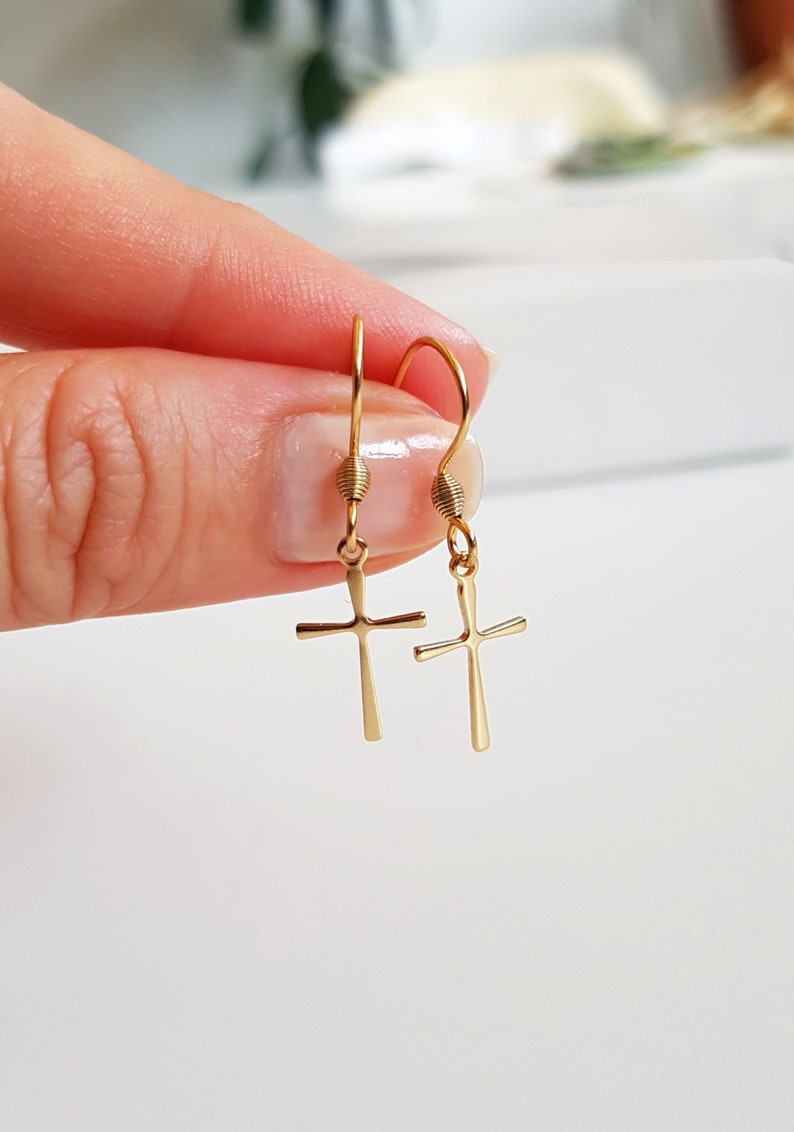 Minimalist Cross Earrings, Gold Stainless Steel Cross Dangles, Waterproof Non-tarnish Jewels, Hypoallergenic Religious Tiny Cross Ear Jewels image 1