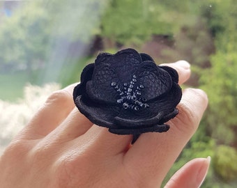 Black Flower Ring, Statement Leather Jewelry, Bold Floral Accessory, Nature Lover Plant Lady Gift, Flower Applique with Upcycled Leather