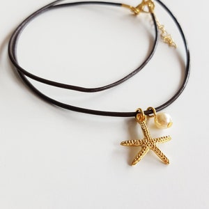 Starfish Beach Necklace on Brown Leather Cord, Gold Silver Starfish Pendant with Pearl, Bohemian Ocean Sea Lover Gift, Boho Summer Jewelry zdjęcie 5