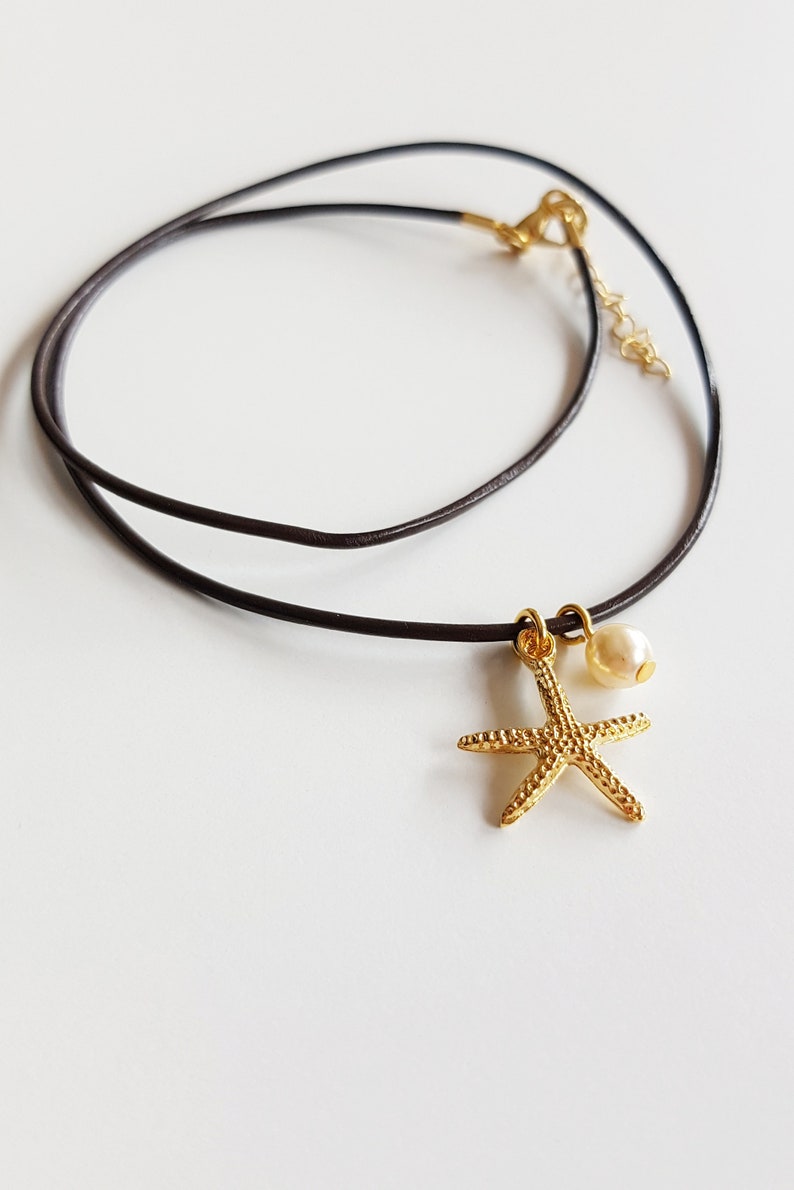 Starfish Beach Necklace on Brown Leather Cord, Gold Silver Starfish Pendant with Pearl, Bohemian Ocean Sea Lover Gift, Boho Summer Jewelry zdjęcie 5