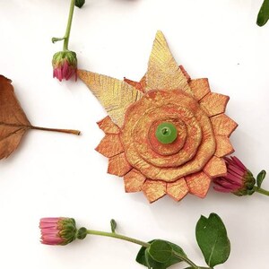 Oversized Flower Brooch, Nature Floral Jewelry, Bold Leather Accessory, Bohemian Appreciation Gift, Metallic Copper Rose Gold Statement Pin image 10