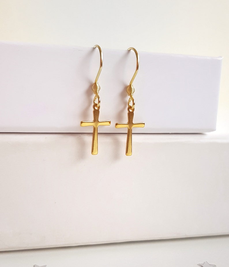 Minimalist Cross Earrings, Gold Stainless Steel Cross Dangles, Waterproof Non-tarnish Jewels, Hypoallergenic Religious Tiny Cross Ear Jewels image 4