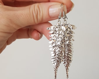 Long Fern Leaf Earrings, Forest Nature Lover, Silver Botanical Leaves, Rustic Leaf Dangles, Woodland Boho Jewelry, Nature Inspired Jewelry