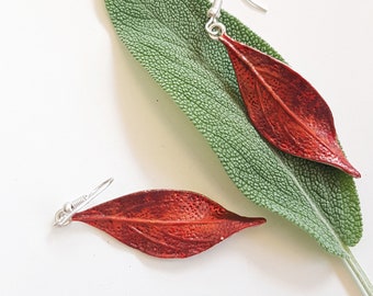 Red Leaf Fall Earrings, Forest Nature Lover, Twisted Botanical Leaf, Long Woodland Rustic Dangle, Cottage-core Boho Chic Jewelry for Autumn