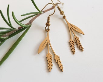 Brass Wheat Earrings, Dainty Golden Crop Dangles, Wheat Stalk Farmer Earrings, Country Cowgirl Rustic Jewelry, Lavender Stem Botanical Drops