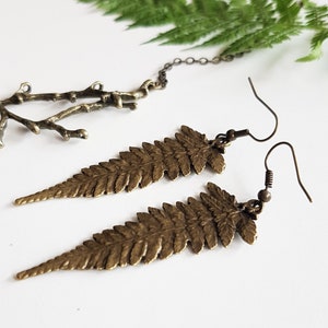 Long Fern Leaf Earrings, Forest Nature Lover, Bronze Botanical Leaves, Rustic Leaf Dangles, Woodland Boho Jewelry, Nature Cottagecore Jewels image 3