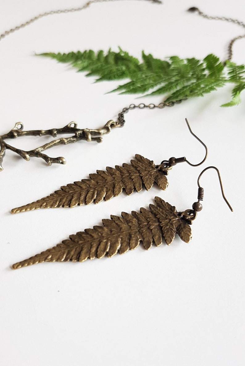Long Fern Leaf Earrings, Forest Nature Lover, Bronze Botanical Leaves, Rustic Leaf Dangles, Woodland Boho Jewelry, Nature Cottagecore Jewels image 3