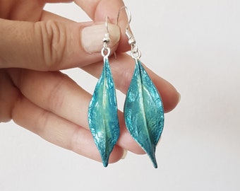 Long Blue Leaf Earrings, Twisted Herb Leaf, Woodland Whimsical Dangles, Cottage-core Bohemian Fall Jewelry, Enchanted Forest Nature Gift