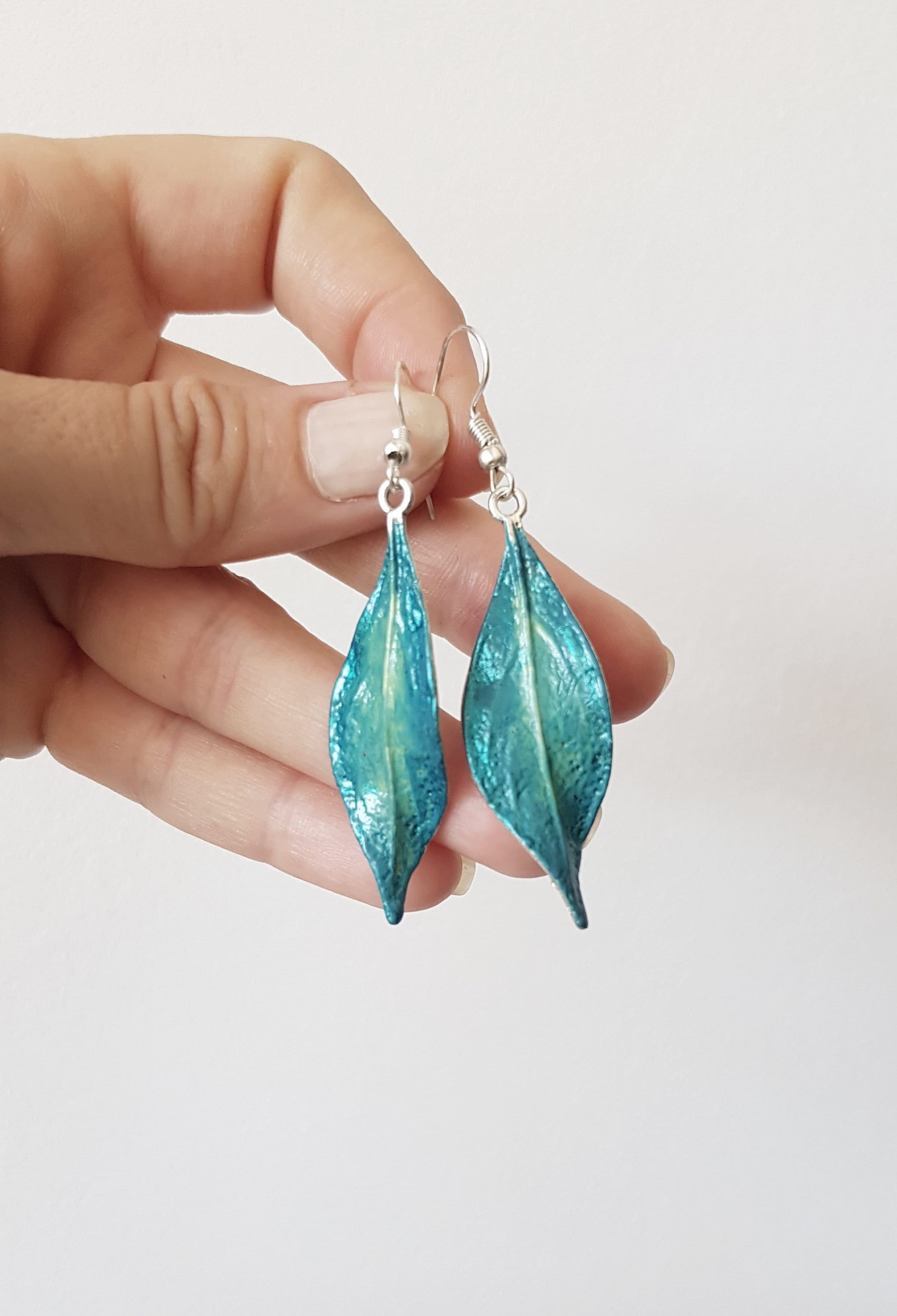 Long Blue Leaf Earrings, Twisted Herb Leaf, Woodland Whimsical Dangles, Cottage-core Bohemian Fall Jewelry, Enchanted Forest Nature Gift