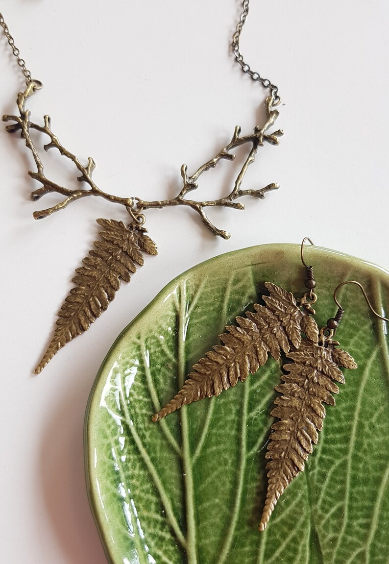 Long Fern Leaf Earrings, Forest Nature Lover, Bronze Botanical Leaves, Rustic Leaf Dangles, Woodland Boho Jewelry, Nature Cottagecore Jewels image 4