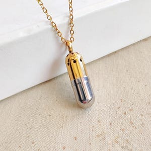 Two Tone Perfume Vial Necklace, Silver Gold Diffuser Container, Unisex Keepsake Locket Pendant, Stainless Time Capsule Top Sealed Bullet Urn