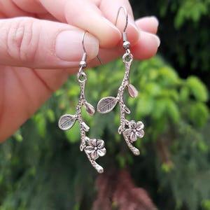 Silver Twig Earrings, Forest Branch Dangles, Woodland Metal Tree Charm, Forest Lover Gift, Floral Nature Jewelry, Enchanted Blooming Jewelry