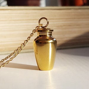 Gold Mini Urn Necklace, Ashes Keepsake Locket Pendant, Stainless Steel Fillable Jar, Sealed Cremation Capsule Vial, Screw Top Memorial Urn
