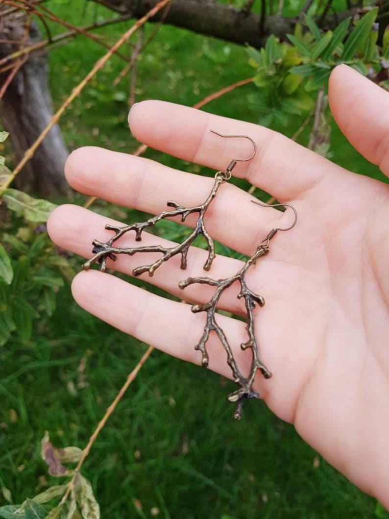 Bronze Branch Earrings, Forest Twig Dangles, Woodland Metal Tree Charms, Forest Lover Gift, Rustic Nature Jewelry, Enchanted Antlers Pendant image 7