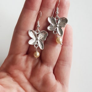 Silver Orchid Earrings with Cream Pearl, Small Pearl Cocktail Dangles, Dainty Bridal Jewelry, Nature Lover Gift, Romantic Boho Floral Drops image 2