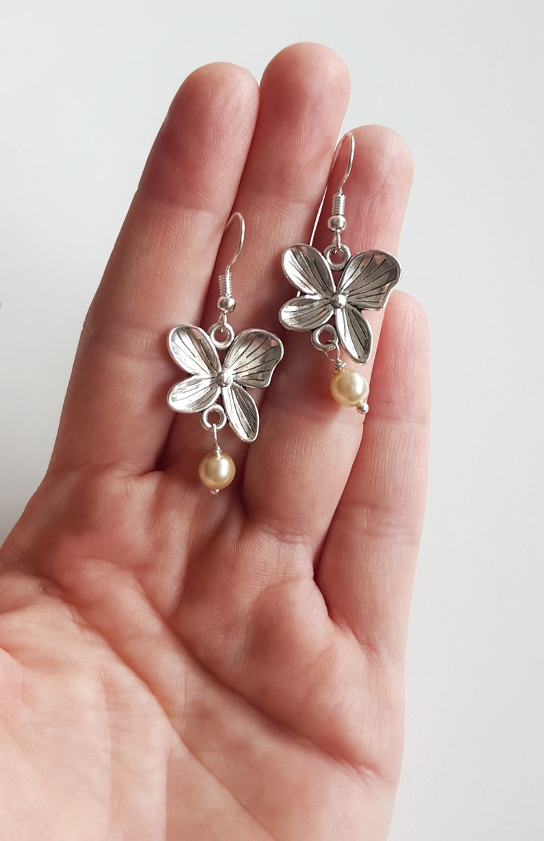 Silver Orchid Earrings with Cream Pearl, Small Pearl Cocktail Dangles, Dainty Bridal Jewelry, Nature Lover Gift, Romantic Boho Floral Drops image 2