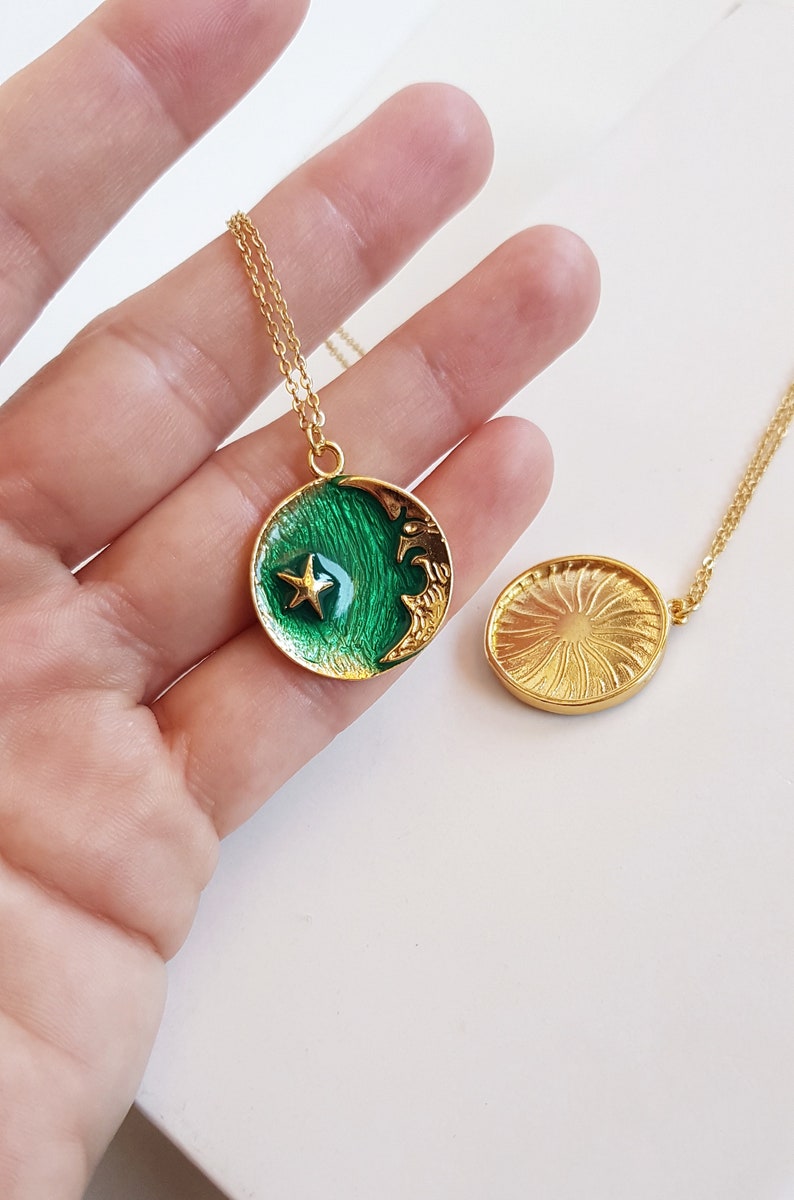 Star Moon Coin Necklace, Crescent Moon Pendant, Symbolic Celestial Jewelry, Large Sunburst Charm, Galaxy Layering Necklace, Astrology Gift image 5