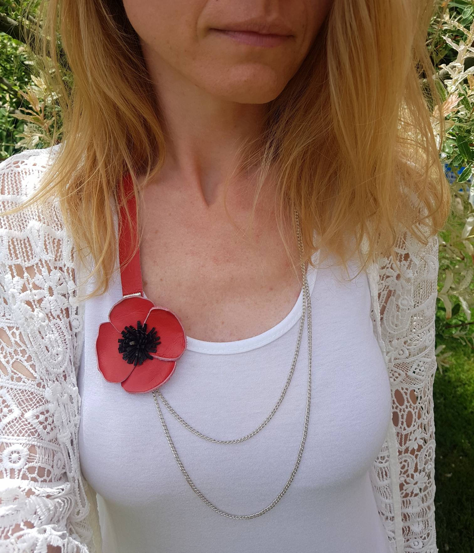 Red Poppy Flower Necklace Floral Leather Jewelry Large - Etsy