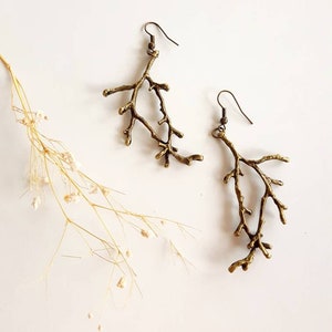 Bronze Branch Earrings, Forest Twig Dangles, Woodland Metal Tree Charms, Forest Lover Gift, Rustic Nature Jewelry, Enchanted Antlers Pendant image 2
